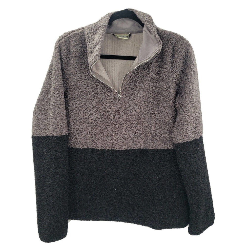 Callie Mac 1/4 zip pullover womens size medium black gray soft sherpa chunky kni